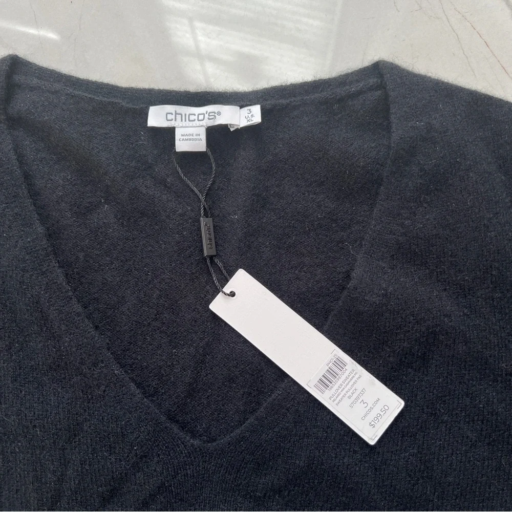 NWT Chico's Elegant Relaxed Black V-Neck 100% Cashmere Sweater Women’s XL - Picture 6 of 9